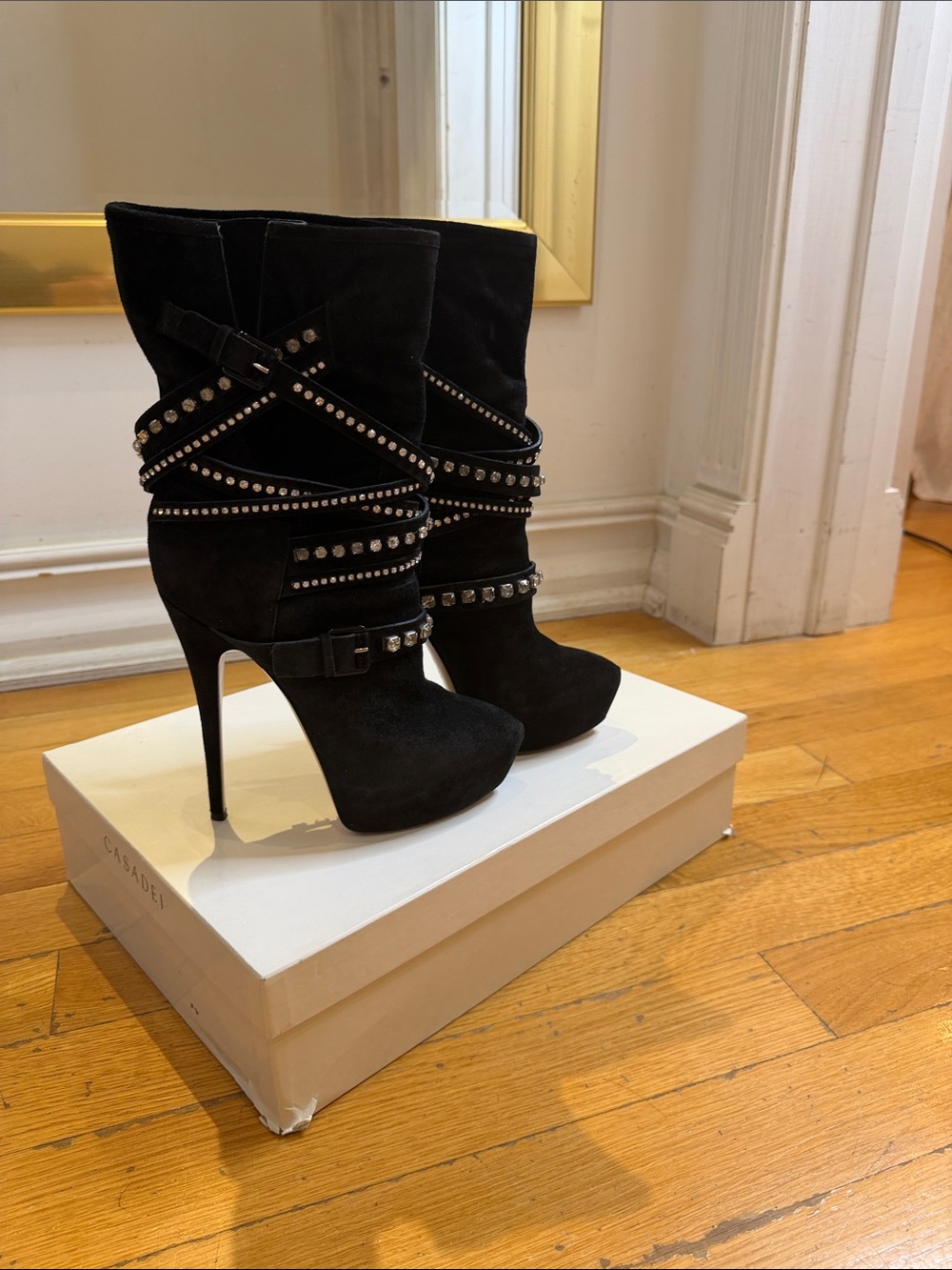 Casadei Black Studded Suede High-Heel Ankle Boots